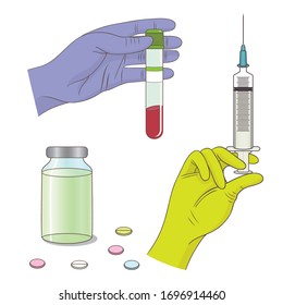 Vector medicinal illustration with hand and test tube, hand with syringe for injections and vaccine