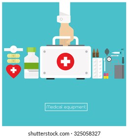 vector medicine Bag aid box sphygmomanometer Capsule syringe plaster icon hand and arm long