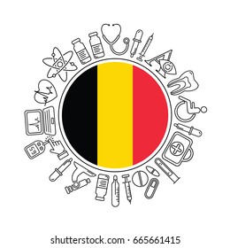 Vector medicine and health in Belgium design round pattern with modern black linear icons. Belgian medical background with line style symbols and place for text.
