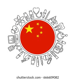 Vector medicine and health in China design round pattern with modern black linear icons. Chinese medical background with line style symbols and place for text.
