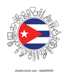 Vector medicine and health in Cuba design round pattern with modern black linear icons. Cuban medical background with line style symbols and place for text.