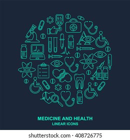 Vector medicine and health design round pattern with modern blue linear icons. Medical background contains line style symbols.