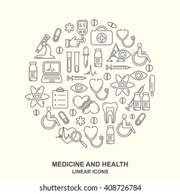 Vector medicine and health design round pattern with modern black linear icons. Medical background contains line style symbols.