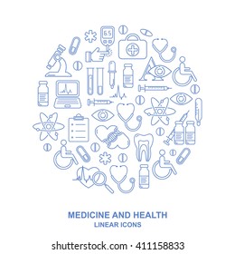 Vektormedizin und Gesundheitsdesign runden Muster mit modernen blauen linearen Symbolen. Medizinischer Hintergrund enthält Zeilenstilymbole.