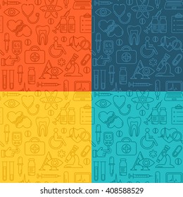 Vector medicine and health design seamless pattern with modern linear icons. Medical background contains line style symbols.