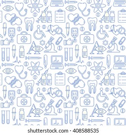 Vector medicine and health design seamless pattern with modern blue linear icons. Medical background contains line style symbols.