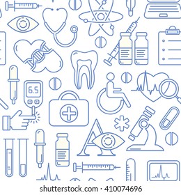Vector medicine and health design seamless pattern with modern blue linear icons. Medical background contains line style symbols.