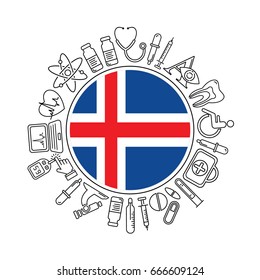 Vector medicine and health in Iceland design round pattern with modern black linear icons. Icelandic medical background with line style symbols and place for text.