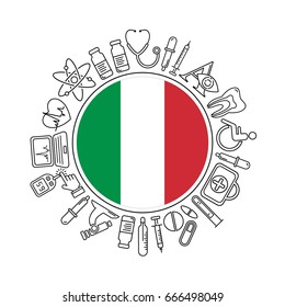 Vector medicine and health in Italy design round pattern with modern black linear icons. Italian medical background with line style symbols and place for text.
