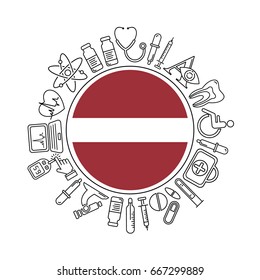 Vector medicine and health in Latvia design round pattern with modern black linear icons. Latvian medical background with line style symbols and place for text.