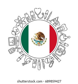Vector medicine and health in Mexico design round pattern with modern black linear icons and flag. Mexican medical background with line style symbols and place for text.