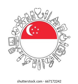 Vector medicine and health in Singapore design round pattern with modern black linear icons. Singapore medical background with line style symbols and place for text.