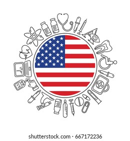 Vector medicine and health in United States of America design round pattern with modern black linear icons. American medical background with line style symbols and place for text. USA health emblem.