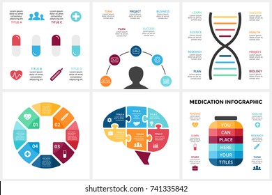 Vector medicine infographic. Template for human brain diagram healthcare graph, medicine doctor presentation, science chart. Hospital infographics 3 4 5 6  option, part, step. Puzzle jigsaw, plus sign