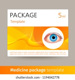 Vector medicine package template with realistic eye. Box with medical accessories for eye care, used to correct vision. Mockup for product ads, package design