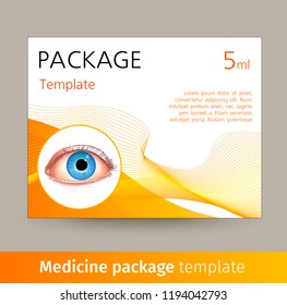 Vector medicine package template with realistic eye. Box with medical accessories for eye care, used to correct vision. Mockup for product ads, package design