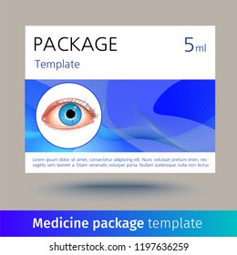 Vector medicine package template with realistic eye. Box with medical accessories for eye care, used to correct vision. Mockup for product ads, package design
