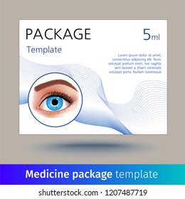 Vector medicine package template with realistic eye. Box with medical accessories for eye care, used to correct vision. Mockup for product ads, package design