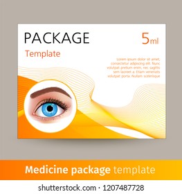 Vector medicine package template with realistic eye. Box with medical accessories for eye care, used to correct vision. Mockup for product ads, package design
