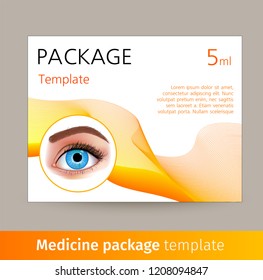 Vector medicine package template with realistic eye. Box with medical accessories for eye care, used to correct vision. Mockup for product ads, package design