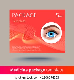 Vector medicine package template with realistic eye. Box with medical accessories for eye care, used to correct vision. Mockup for product ads, package design