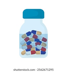 vector medicine or pill capsule in a jar with a flat cartoon illustration design