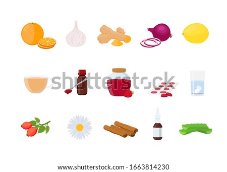 Vector medicine prevention set - cough remedy, aspirin, nose spray with garlic, onion, lemon. Hot tea, jam and rosehip for healing temperature, flu or fever. Antibiotic treatment.