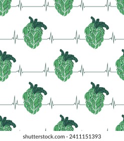 Vector medicine seamless pattern with healthy human hearts made of leaves with cardiogram on white background. Texture with heart transplant and pulse for textile and wallpaper. 