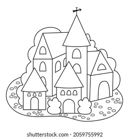 Vector Medieval black and white village icon isolated on white background. Magic kingdom picture. Stone and wooden building coloring page. Countryside with towers, houses, trees 
