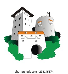 Vector Medieval buildings inspired by Black Tower, White Tower and Graft Bastion of Brasov city, Romania