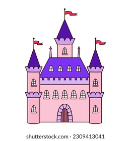 Vector medieval castle with outline, ancient french pink palace with towers and flags, children illustration of princess fairytail castle