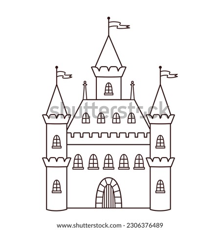 Vector medieval castle in thin line style, outline illustration of ancient citadel with towers, lineart children coloring book of castle