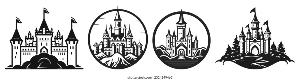 Vector medieval castles icon, detailed logo set isolated on white background.