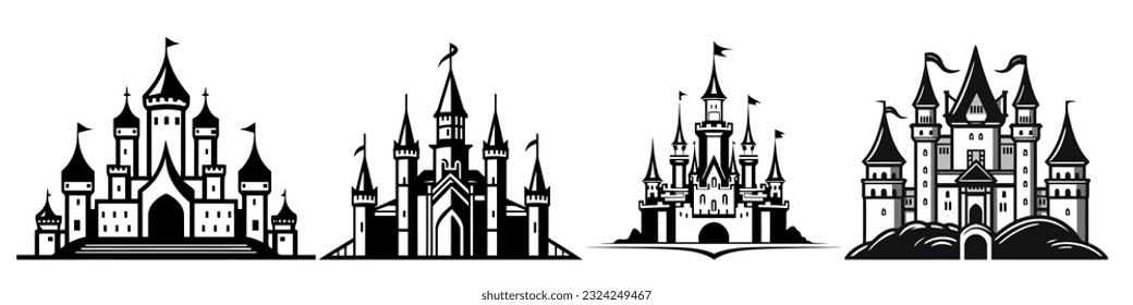 Vector medieval castles icon, detailed logo set isolated on white background.