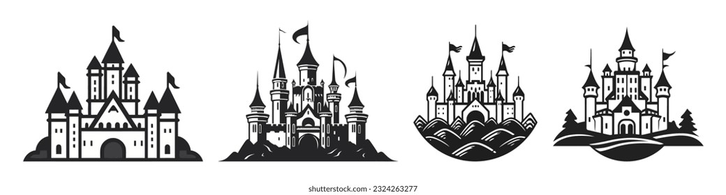 Vector medieval castles icon, detailed logo set isolated on white background