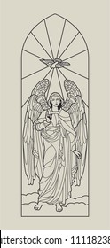 Vector Medieval Cathedral Window Stained Glass. Angel with Pigeon