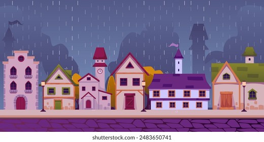 Vector Medieval city depicting cottages and castles with stone architecture, towers and chimneys against a background of rain for decorating historical plots