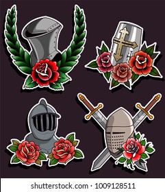 Vector Medieval Crusader's Helmets and Roses Tattoo Art Composition Set