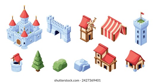 Vector Medieval Fairy Tale Building Isometric Set Ilustration Isolated