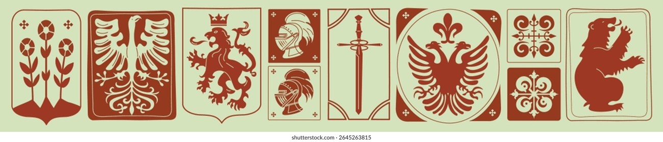 Vector medieval fantasy frames with gothic royal symbols. Hand drawn heraldic design with knight, dragon and mythical beasts. Vintage folklore illustration. Perfect for posters, books, games and decor
