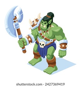 Ilustración isométrica de personaje orco de fantasía medieval vectorial aislado