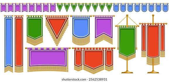 Vector Medieval Flag Set, collection of cut out illustrations standing colorful ancient flags on flagpole with copy space for slogan, group of 11 different medieval mock up flags on white background