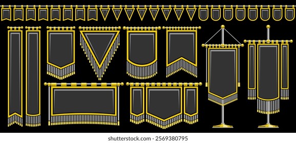 Vector Medieval Flag Set, collection of cut out outline illustrations standing black variety flags with golden contour, group of 11 decorative medieval flags copy space for slogan on black background