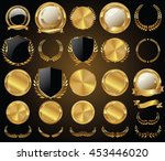 Vector medieval golden shields laurel wreaths and badges collection