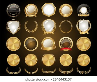 Vector medieval golden shields laurel wreaths and badges collection