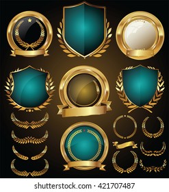 Vector medieval golden shields laurel wreaths and badges collection