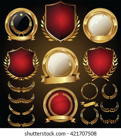 Vector medieval golden shields laurel wreaths and badges collection