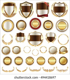 Vector medieval golden shields laurel wreaths and badges collection