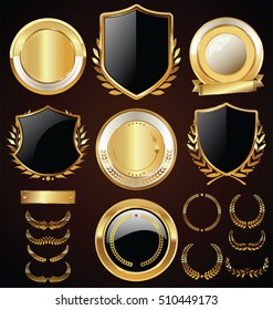 Vector medieval golden shields laurel wreaths and badges collection