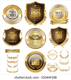 Vector medieval golden shields laurel wreaths and badges collection